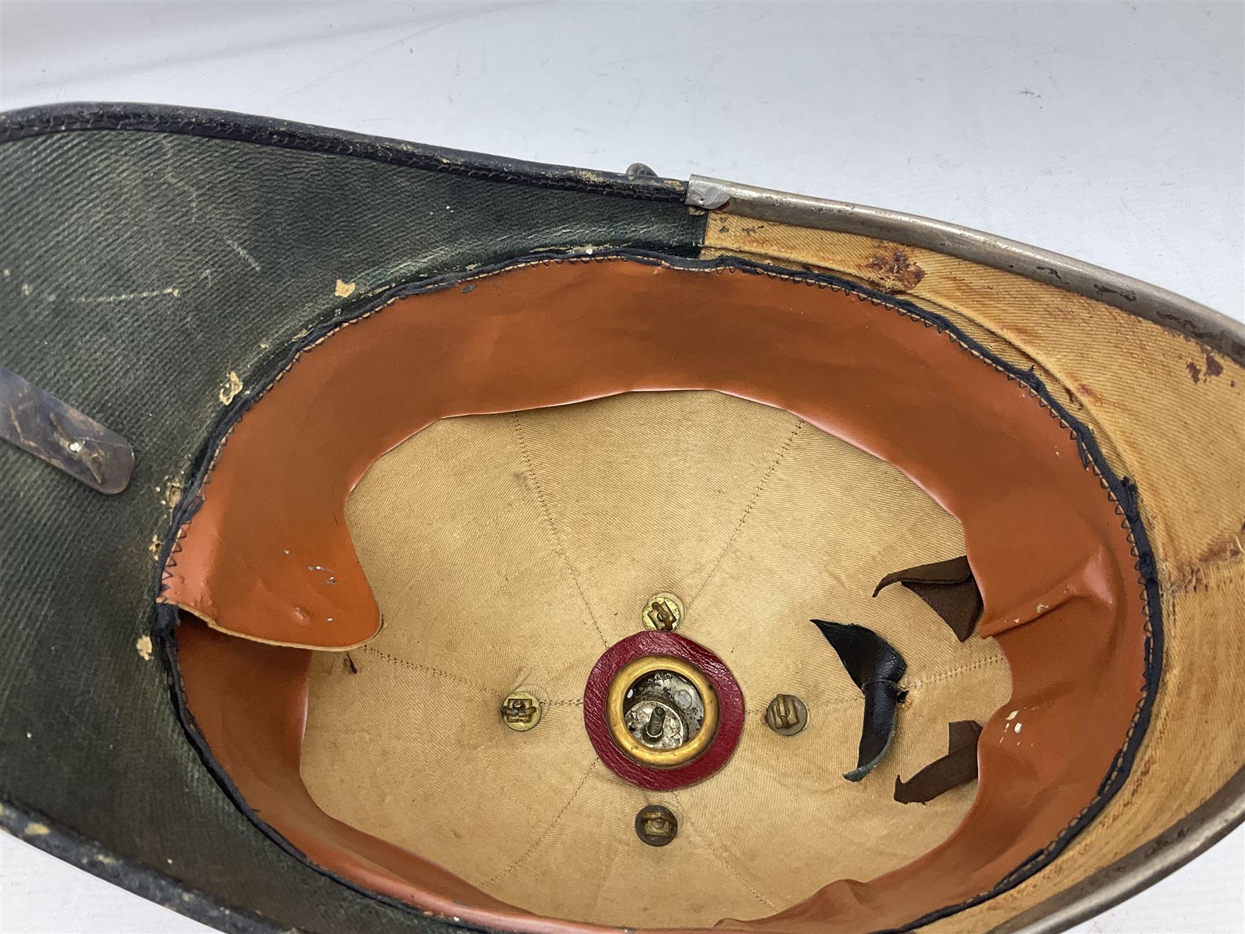 Victorian British Army South Lancashire Regiment 1st Volunteer Battalion other ranks blue cloth home service helmet with helmet plate, spike and chinstrap