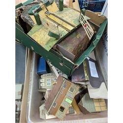 Collection of model railway buildings and other accessories, together with a box empty Hornby boxes, including three trainset boxes with pieces of track inside only