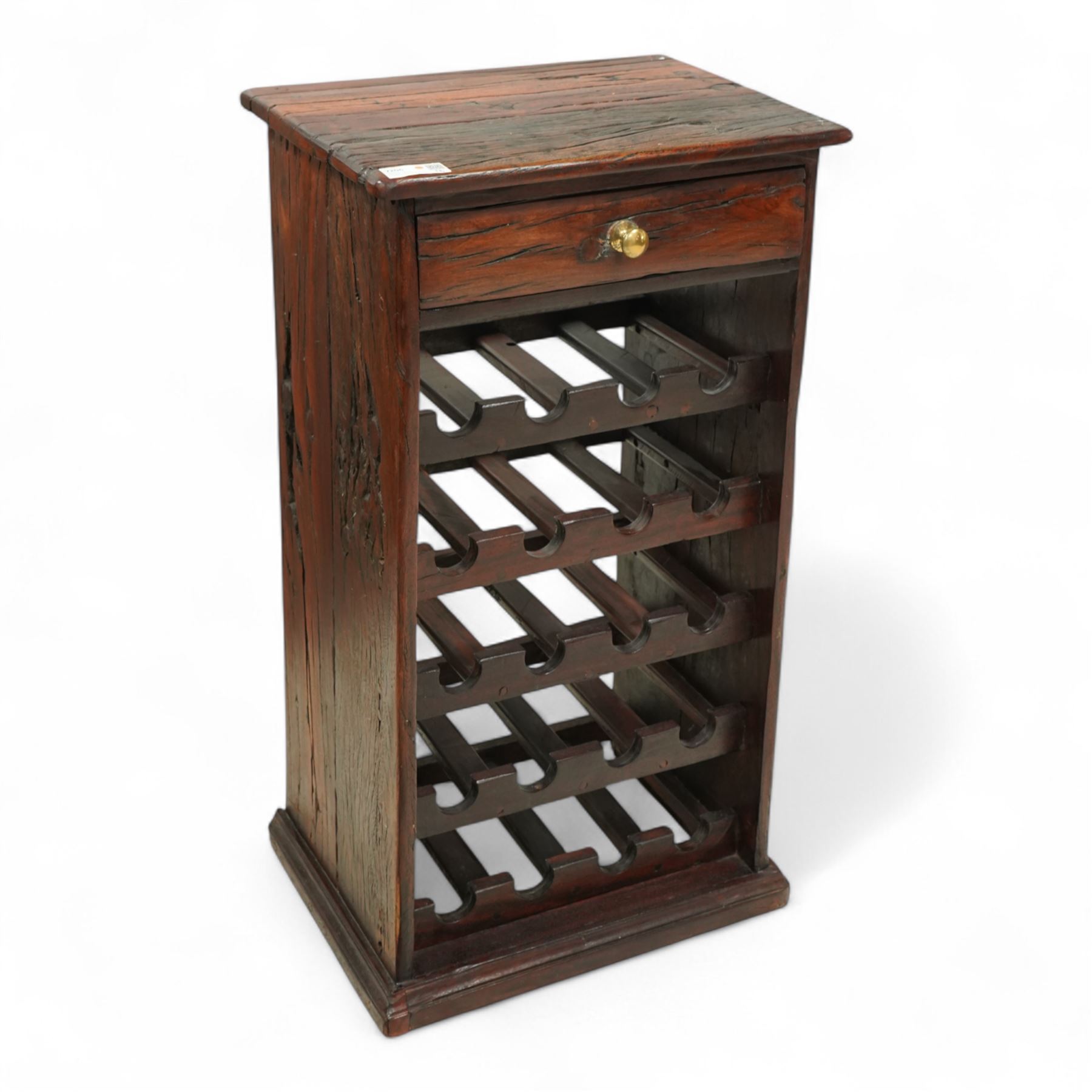 Contemporary hardwood rustic pine wine rack, rectangular top over five slatted tiers with shaped bottle apertures, open sides and plinth base