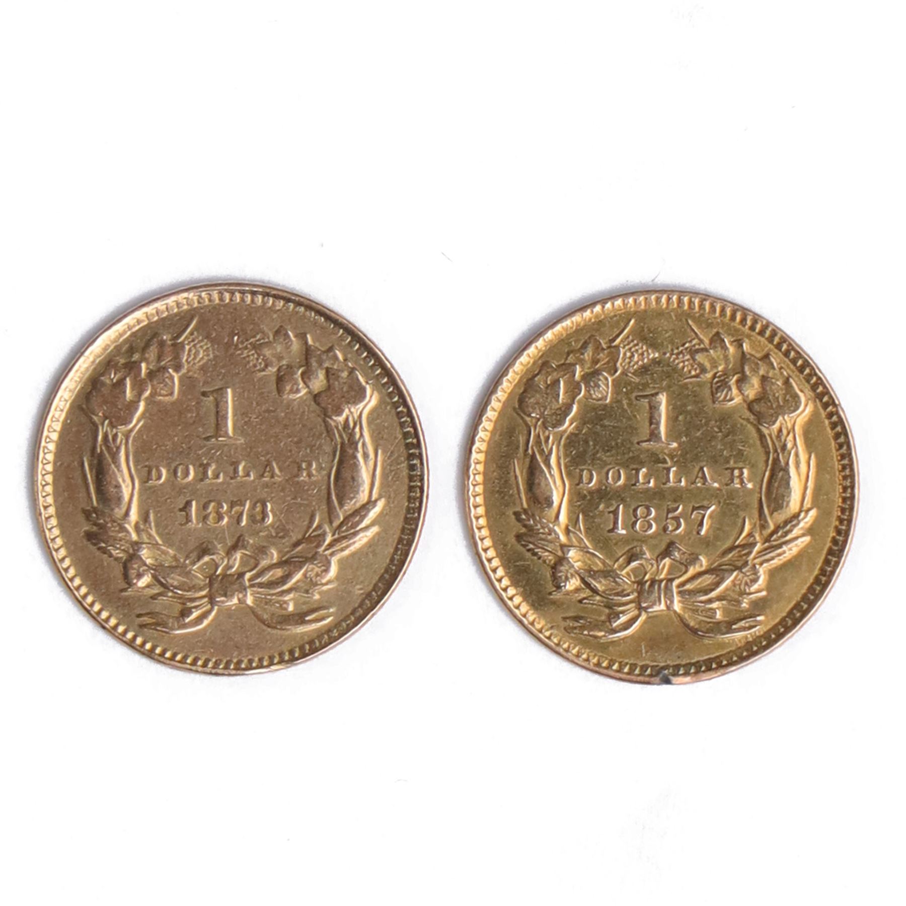 Two United States of America 'Indian Head' gold one dollar coins, 1857 and 1873