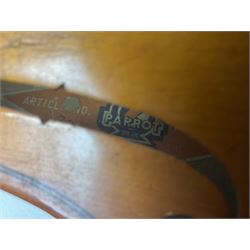 Four Chinese graduated violins - full size with 35.5cm two-piece back; three-quarter size with 33.5cm two-piece back; half size with 31cm two-piece back; and quarter size with 27.5cm two-piece back; all cased except full size; one with bow (4)