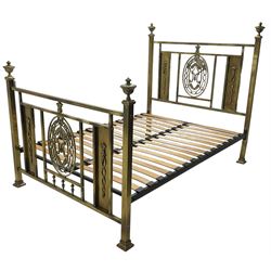 Edwardian brass 4' 6'' double bedstead, the head and footboard with oval cast brass panels decorated with ribbons and foliage, rectangular frame with finials 