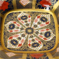 Royal Crown Derby Imari 1128 pattern square footed basket/dish, boxed, W23cm; together with two further pairs of vases in the same pattern, H9.5cm and H7cm (5)
