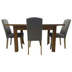 Light oak dining table (H78c, D85cm x L120cm - L155cm); together with a set of four high-back dining chairs upholstered in grey 
