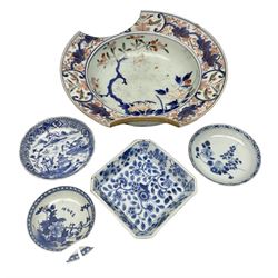 19th Century Imari pattern Japanese blood letting bowl, together with 19th century chinese blue and white square dish with decorated with blossoming flowers, together with thee blue and white saucers 