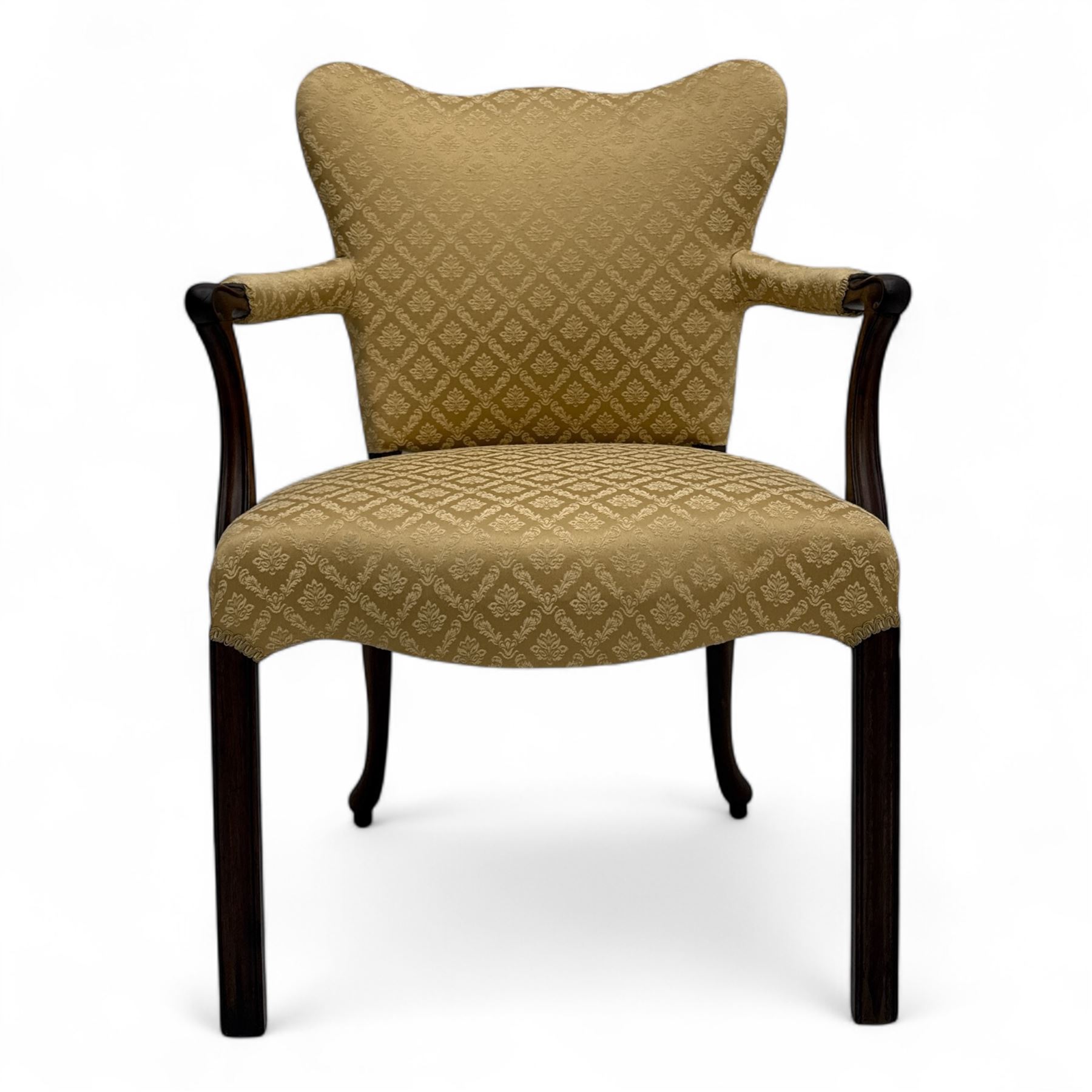 Pair of 19th century Hepplewhite style armchairs, shaped serpentine back over seat upholstered in gold damask fabric, with padded outswept arms and serpentine front rail, on moulded mahogany foreleg