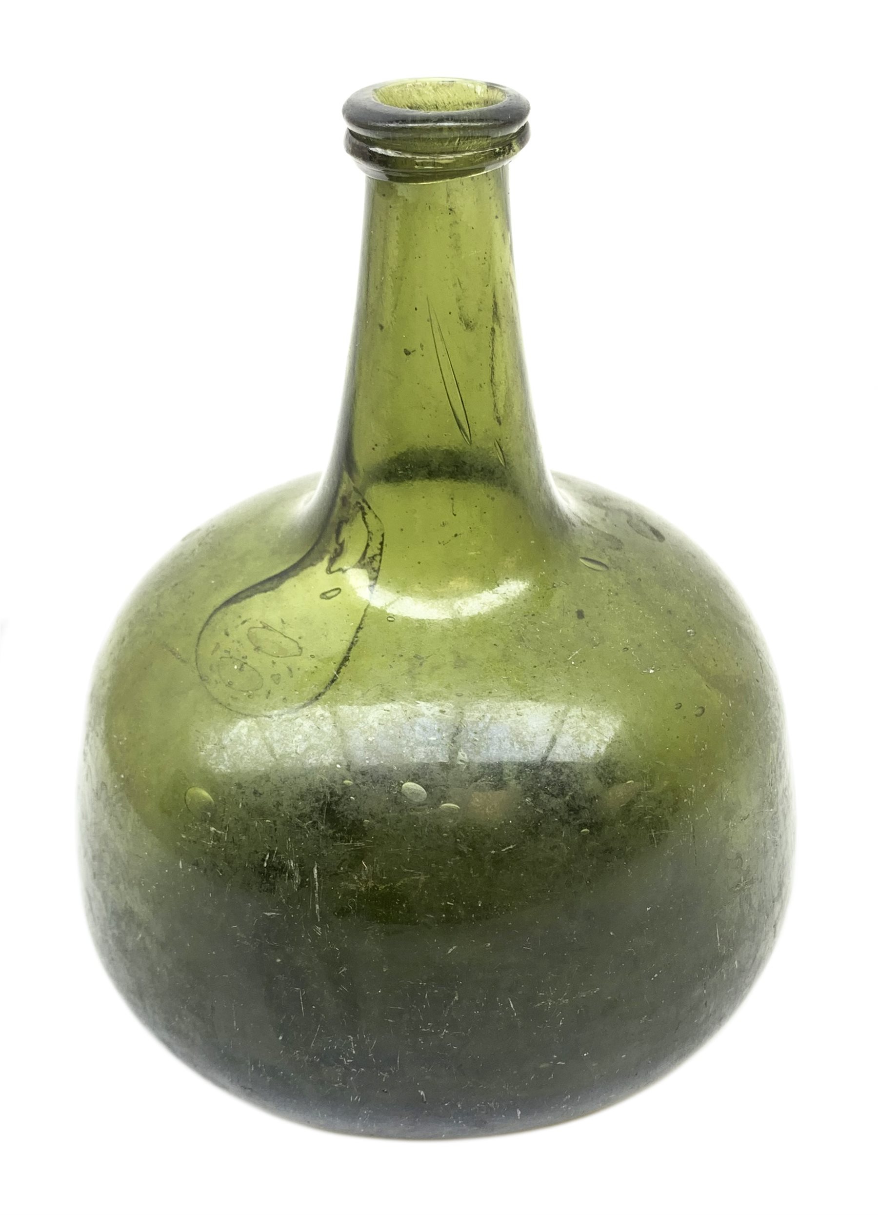 18th century onion shaped green glass wine bottle, H16cm