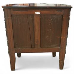 French Louis XV design serpentine fronted rosewood and fruitwood commode, the later shaped mahogany top over  three drawers, inlaid with a floral marquetry urn and flowers, within ormolu mounted borders, the sides inlaid with matching bouquet marquetry, raised on bracket feet