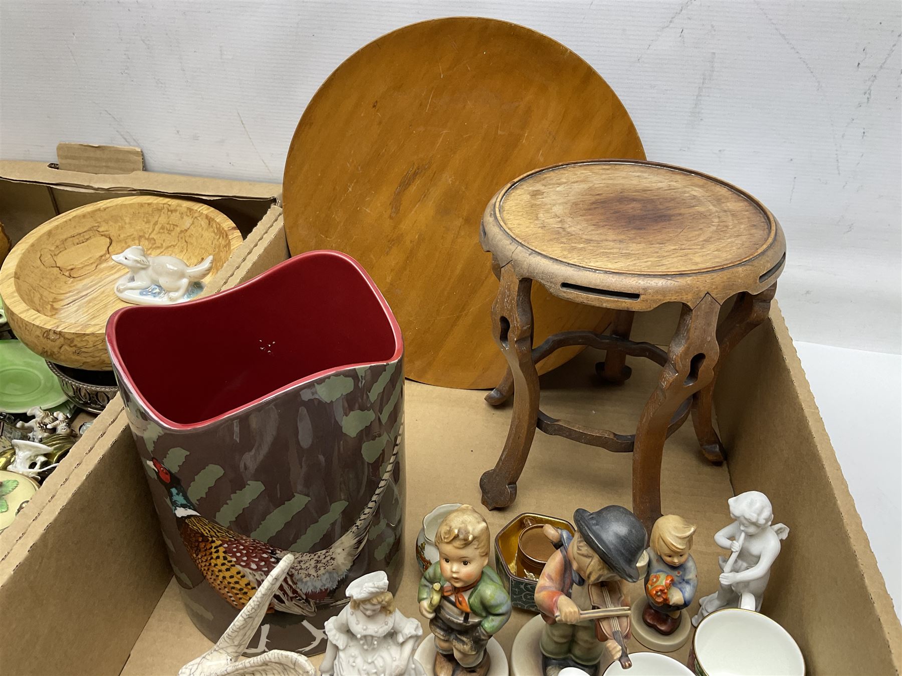 Five Goebel Hummel figures including Trumpet Boy, Max and Moritz and Soloist, Doulton Lambeth miniature tankard, Caithness Paisley Twist paperweight, Duchess Winchester tea and dinner wares and a collection of other ceramics and glassware, etc, in five boxes