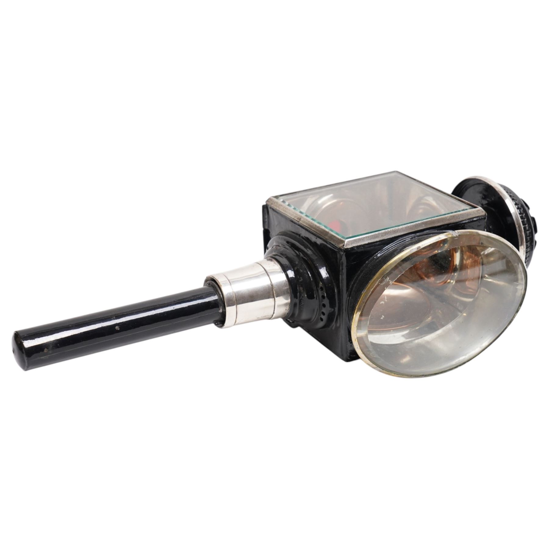 Rippon Bros. (Huddersfield) - pair of Victorian toleware and white metal carriage lamps, the traditional chimney over a rectangular form body with oval convex lens and rear circular red reverse light, maker engraved to candle mount