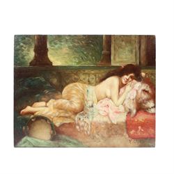 After Léon-François Comerre (French 1850-1916): Reclining Woman upon a Lion Skin; after Madame la Marquise de Salvo (Italian 19th century): Young Mother with Child, two oils on panel signed V Conti 20cm x 25cm (2) (unframed)