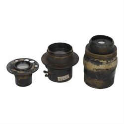 Seven 19th century and later brass camera lenses, including J. Lancaster & Son Rectigraph lens, Watson & Sons 8 1/2 x 6 1/2 lens, Dallmeyer lens and Wray London 5 x 4 lens