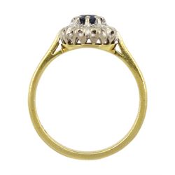 18ct gold round cut sapphire and round brilliant cut diamond cluster ring, stamped