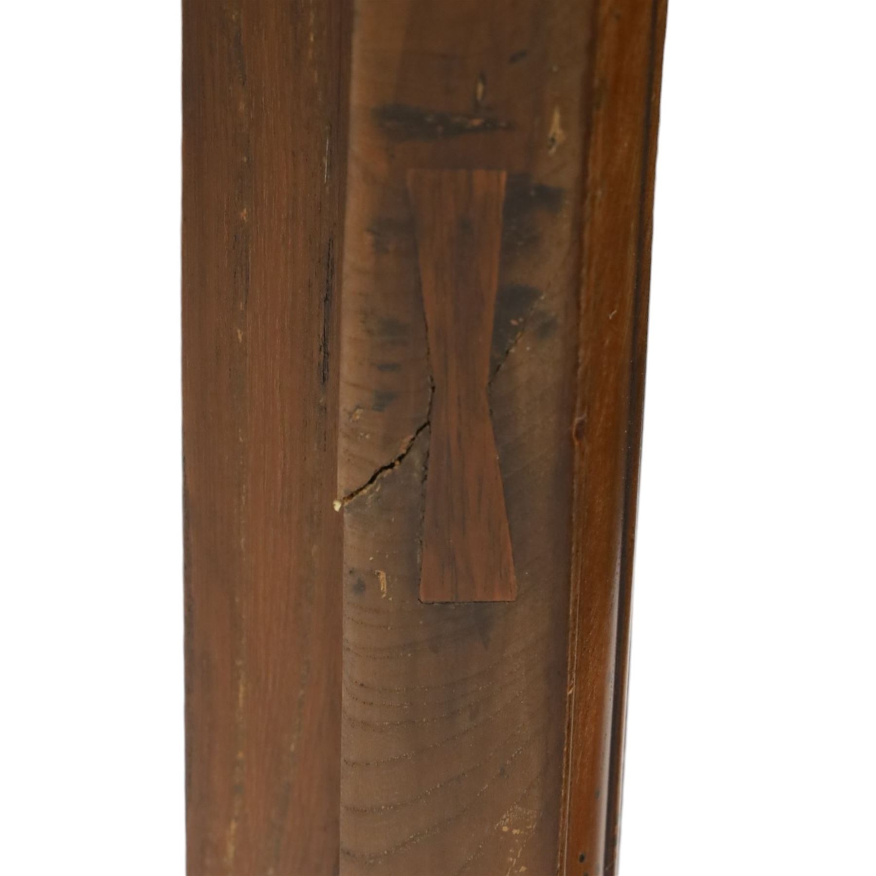 Chinese elm altar table, rectangular plank top with galleried sides, raised on reeded square supports with scrolled spandrels