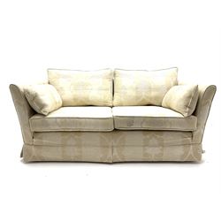 Multi-York two seat sofa and pair of matching armchairs, upholstered in natural stripe fabric loose covers, foam and feather cushions