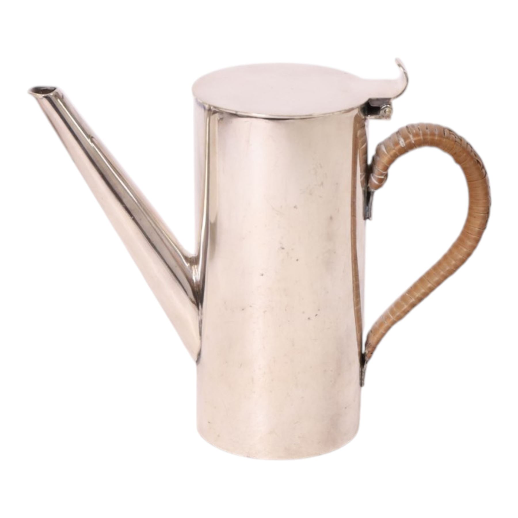 Manner of Christopher Dresser (1834-1904) - James Dixon and Sons teapot together with Hukin & Heath Christopher Dresser design coffee pot, of tapering cylindrical form with a strapwork handle, teapot H13cm 