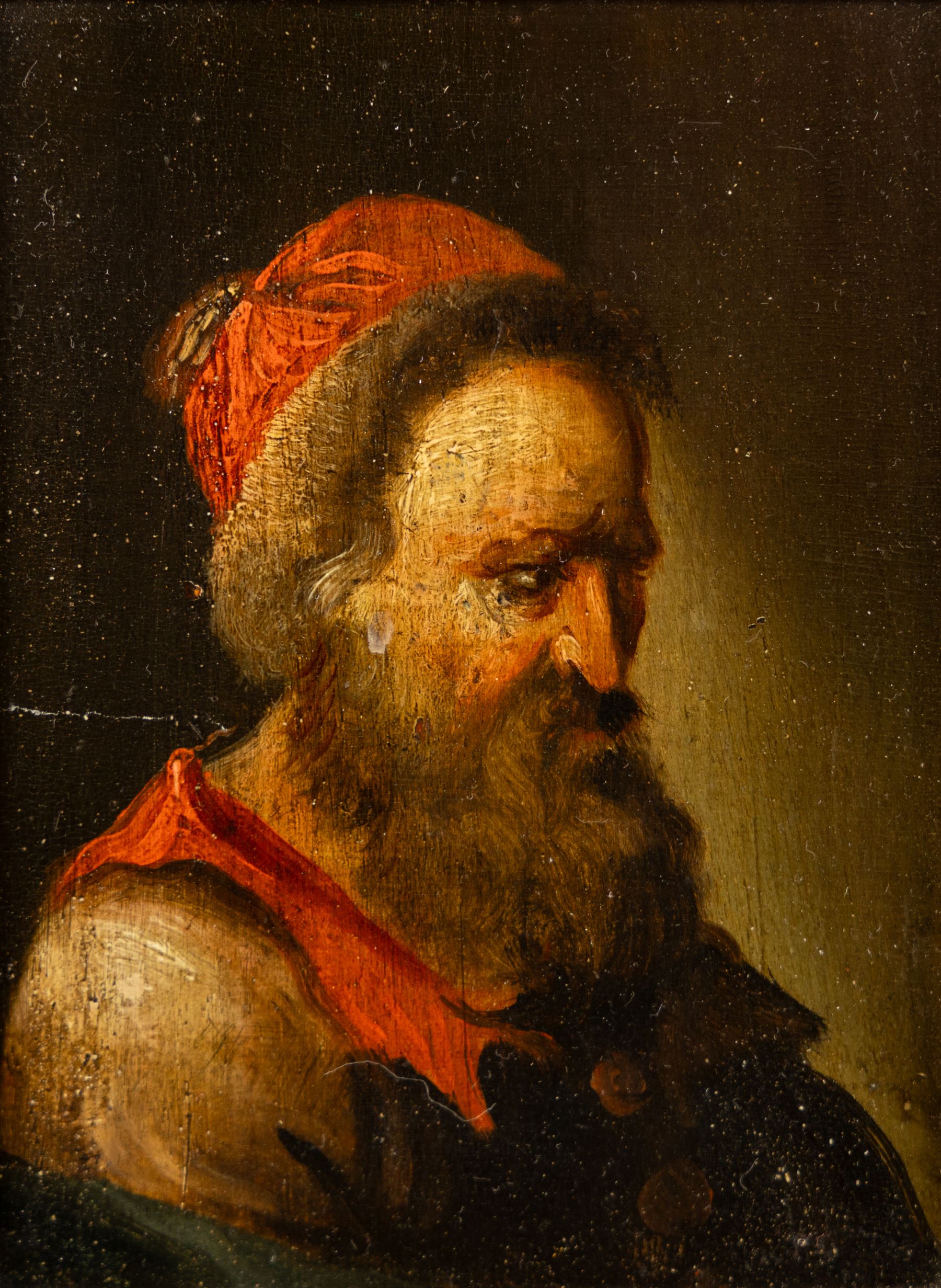 After Rembrandt van Rijn (Dutch 1606-1669): Portrait of a Bearded Man, oil on board unsigned 11.5cm x 8.5cm