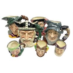 Seven Royal Doulton character jugs, comprising Viking D6496, Falstaff, Pied Piper, Rip Van Winkle D6438 and three smaller including jester example