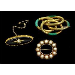 Edwardian gold black onyx brooch, with applied gold pearl set star, the glazed back with hairwork and engraved 'JB March 10th 1904', 18ct gold split pearl oval brooch and a gilt malachite brooch