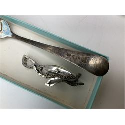 Georgian silver hallmarked spoon (weight 22g), Chinese lidded ginger jar decorated with blossoming branches with ebonised wood base, silver plated cutlery including berry sifter spoon and Walker & Hall hot water pot, compact mirrors and jewellery, other metal ware etc