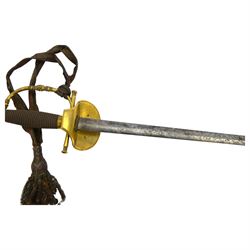 William IV court sword, the 79cm blade finely etched with scrolling motifs, with crown pommel, wire bound grip, gilt shell guard and crowned cypher, with damaged scabbard, L92cm
