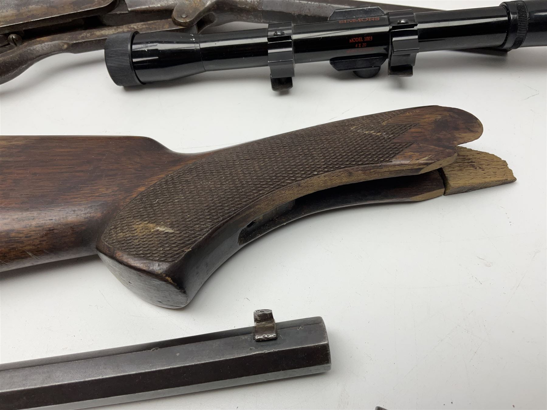 Assorted rifle and pistol spares; early Gem air rifle with sawn off barrel (piece present); telescopic sight; canvas/leather ammunition pouch; Mauser stock; barrel browning solution etc