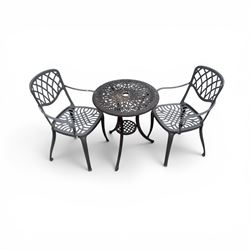 Circular cast aluminium garden table and pair of armchairs chairs with lattice backs in a dark grey finish