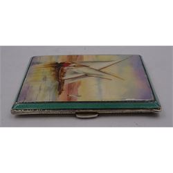 Art Deco silver and enamel cigarette case, depicting a sailing boat scene upon an engine turned opalescent ground, with green guilloche enamel border, opening to reveal a gilded interior with personal engraving, hallmarked Mappin & Webb Ltd, Birmingham 1932