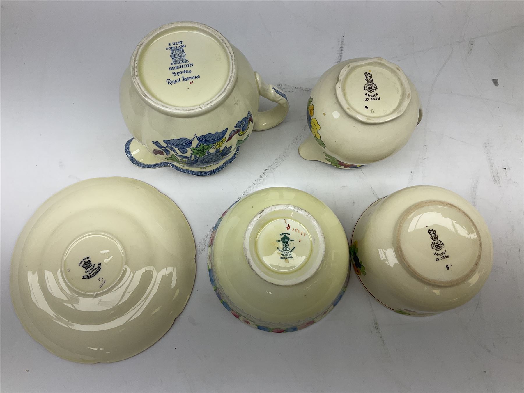 Group of ceramics to include Art Deco examples, Arthur Wood twin handled vase decorated in the Garden Wall pattern, Art Deco style Coalport twin handled lidded sucrier and saucer, Mason's Applique jug (scratch through mark), Royal Doulton Minden bowl and jug, Copeland Spode Royal Jasmine jug, Crown Devon, etc