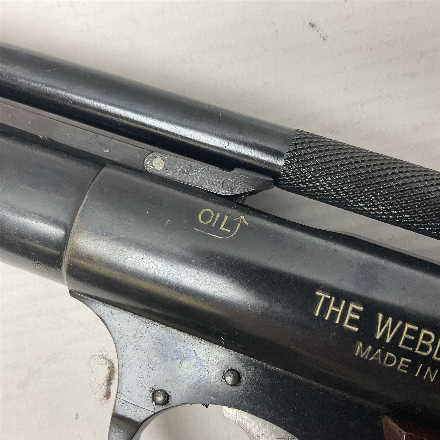 Webley Senior .22 cal. air pistol with top lever action, serial no.273; in original box with label under lid; together with two tins of pellets NB: AGE RESTRICTIONS APPLY TO THE PURCHASE OF AIR WEAPONS.