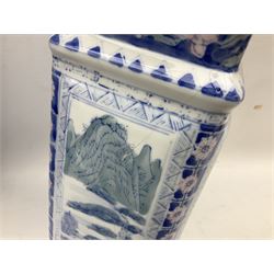 Collection of blue and white Chinese vases and jars, to include hexagonal baluster shaped vase decorated with panels of elders and exotic birds perched upon branches within stylised borders, lidded ginger jar,  pair of baluster form vases decorated in green with pink lotus flowers etc, tallest H45cm