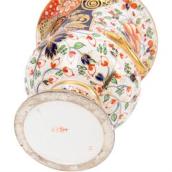 Derby twin handled campagna urn, decorated with flowers and cobalt panels highlighted in gilt, together with a smaller example with similar decoration, tallest H20cm