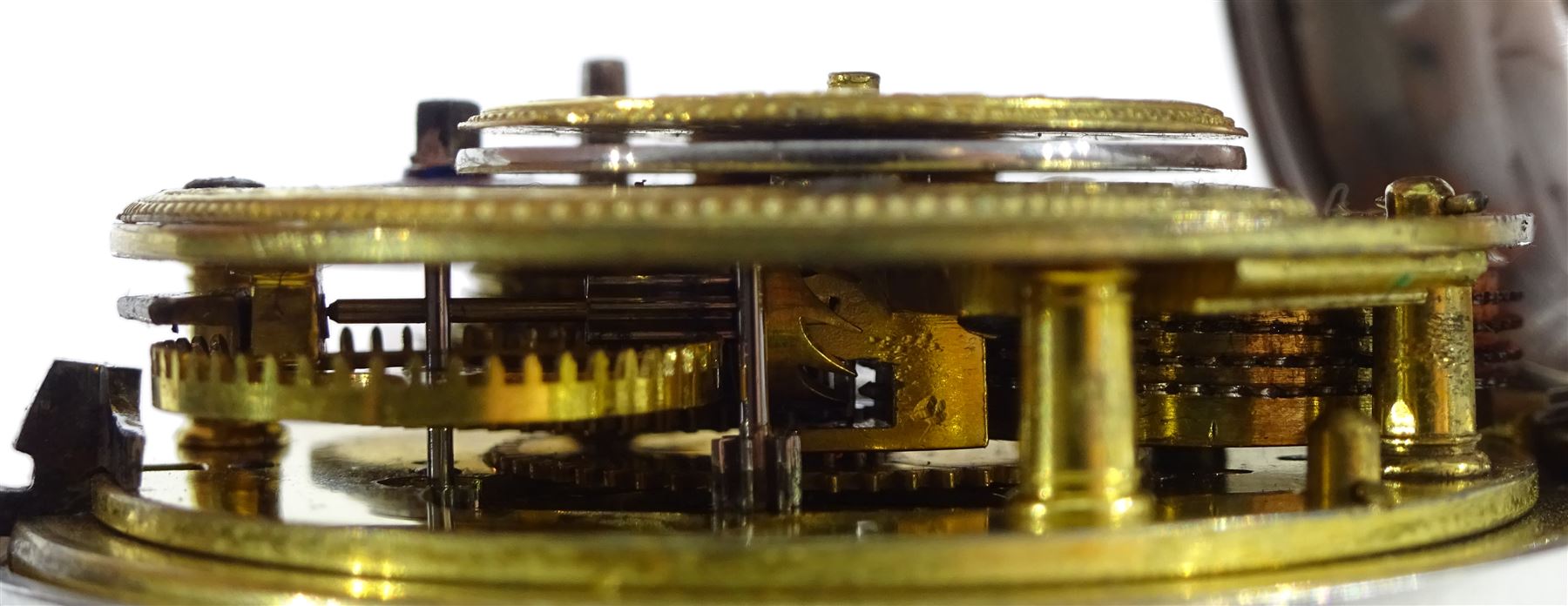 George III silver pair cased verge fusee pocket watch by Hollison, Liverpool, No. 2801, round pillars, pierced and engraved balance cock decorated with a classical urn, white enamel dial with Arabic numerals, bull's eye glass, case makers mark W H, Birmingham 1804