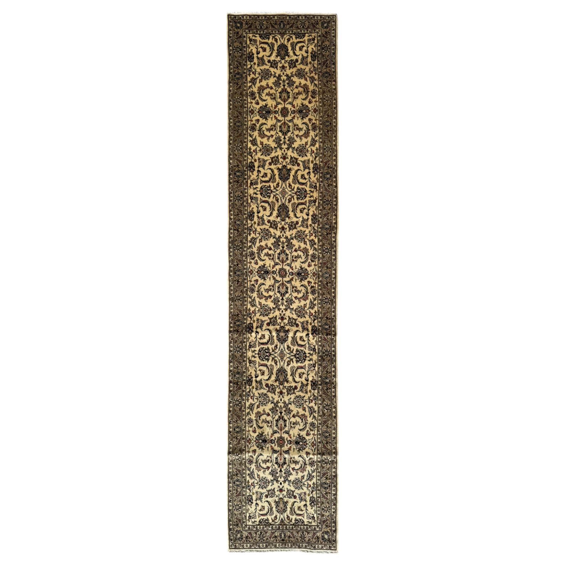 Kashan Persian runner, hand knotted, with floral and arabesque pattern on ivory background