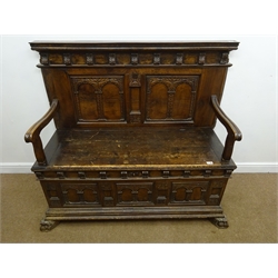  19th century and later fruitwood and pine hall bench seat, with carved double arcaded panels, raised back with moulded top, two curving arms, hinged seat above moulded base and four paw feet, W145cm, H124cm, D63cm  