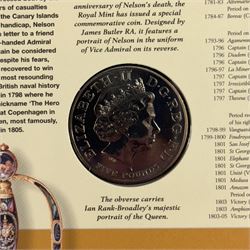 Nineteen The Royal Mint United Kingdom uncirculated commemorative coins or sets, including Queen Elizabeth II 1989 '1689 1989' two pounds, 2001 'Victorian Anniversary' crown, 2003 'Coronation Jubilee' five pounds, 2004 'Britain's new coinage' three coin set, 2005 'The End of WWII' two pound, 2006 'Her Majesty Queen Elizabeth II Eightieth Birthday', 2015 'The Royal Navy' two pounds, 2016 'The Last Round Pound', 2022 '1926-2022' five pounds, King Charles III 2023 'The Coronation' five pounds etc