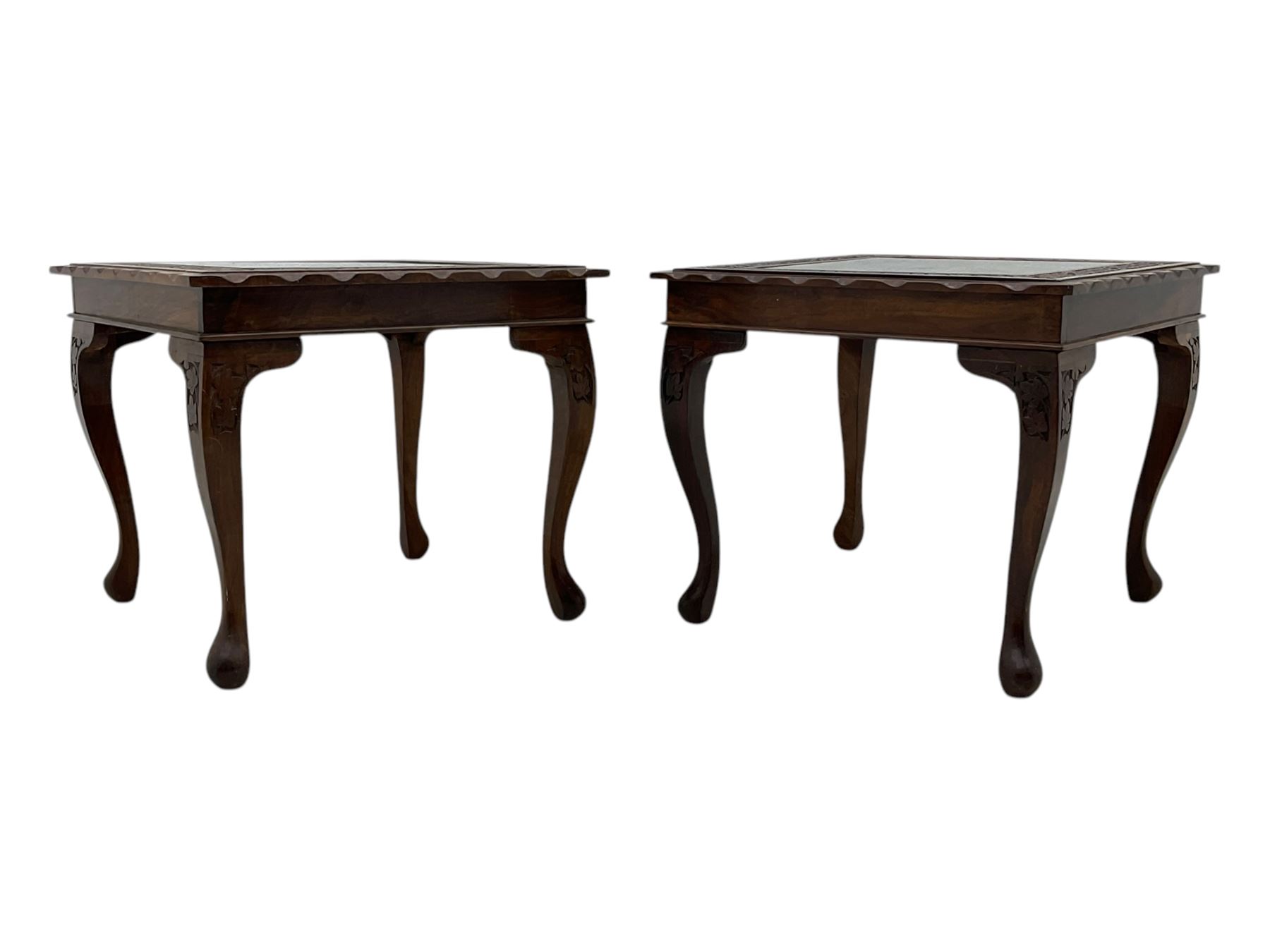 Pair of Pakistan carved hardwood brass inlaid lamp tables, square form, cabriole legs, inset glass tops