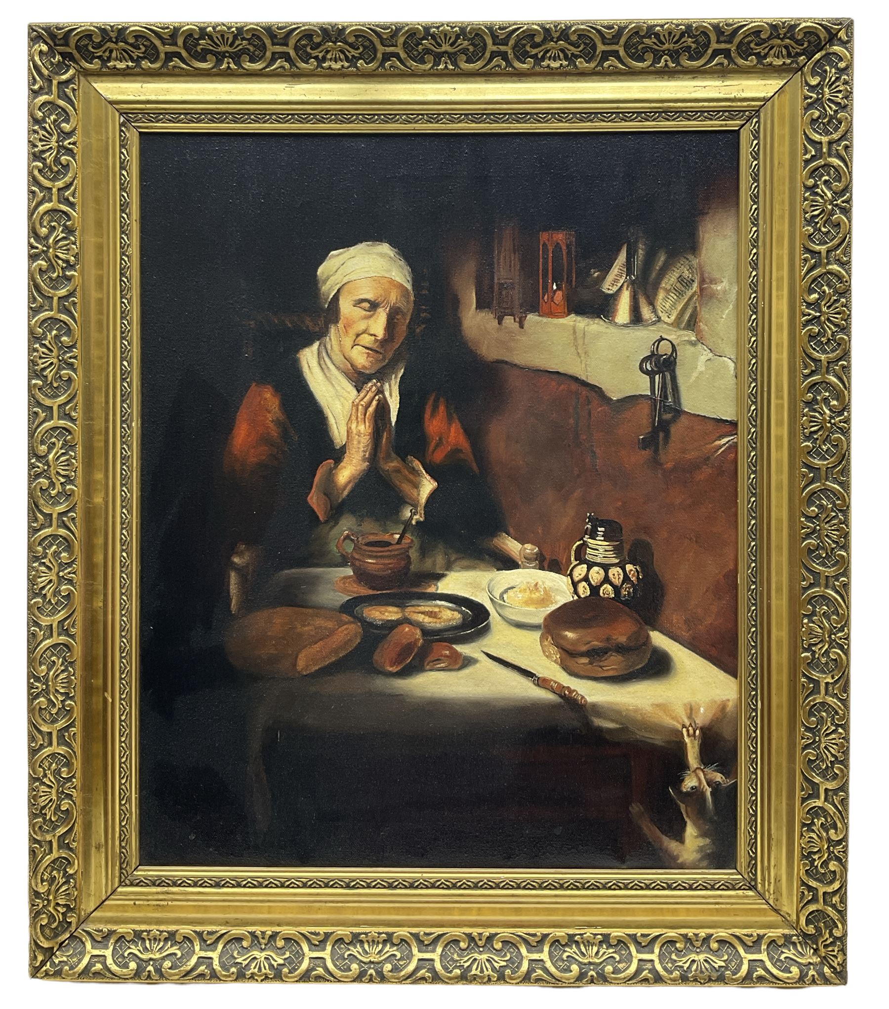 David Thompson (British 20th century) after Nicolaes Maes (Dutch 1634-1693): 'Old Dutch Woman Saying Grace', oil on canvas after the original housed in the Rijksmuseum, signed titled and dated 1974 verso 54cm x 44cm