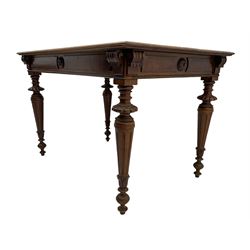 Victorian walnut centre table, rectangular top, figured side rails with carved motif, turned tapering leg