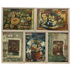 Leucio Mele (Italian 20th century): Abstracts with Figures and Flowers, set five mixed media on boards signed 45cm x 30cm (5)