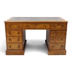 19th century burr walnut twin pedestal desk, rectangular top inset tooled green leather in...