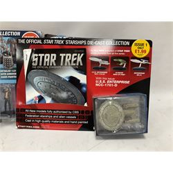 Star Trek - Eaglemoss Official Starships Collection three unopened issue No.1 and Issue No.2; five boxed Fabbri metal figures; and four carded action figures; together with Dr. Who - Eaglemoss Official Figurine Collection unopened Issue No.1; Dr. Who Monster Invasion parts 2 & 3, both unopened; four Dapol carded Dr. Who action figures and two others.