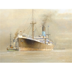  Colin Verity RSMA (British 1924-2011): Blue Funnel Line 'S S Rhesus' being assisted by a Steam Tug, oil on board signed 44cm x 59cm  DDS - Artist's resale rights may apply to this lot  