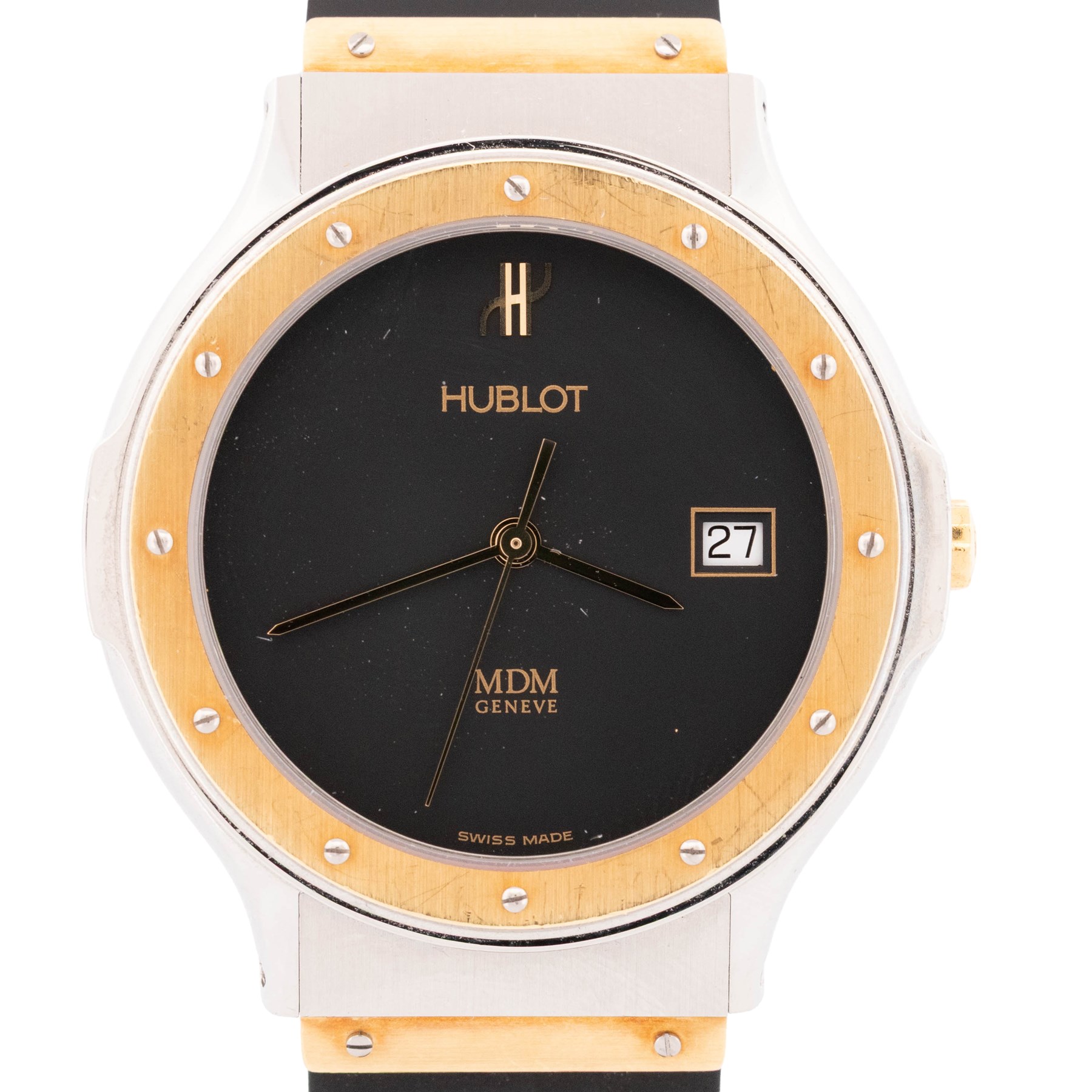Hublot MDM Classic gentleman's 18ct gold and stainless steel quartz wristwatch, Ref. 1523.2, black dial with date aperture, on rubber strap with fold-over clasp, boxed with guarantee card dated 2004