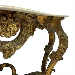 French Rococo design console or pier table, shaped and moulded pale marble top, the apron carved with pierced shell and scrolling acanthus leaves, extending flower head decoration, on four acanthus carved cabriole supports with scrolled terminals, united by shell moulded stretcher rails with central scrolled foliage cartouche 