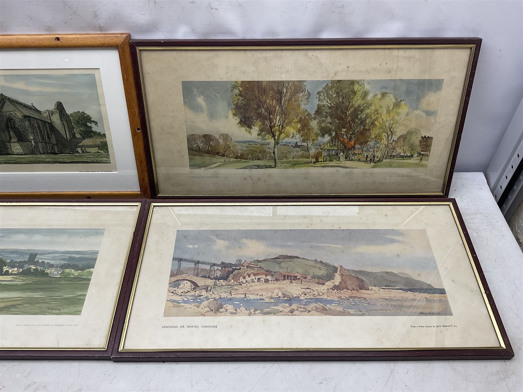 Four carriage prints, comprising Leiston Abbey, Suffolk after Frederick William Baldwin, Richmond, Yorkshire after Leonard Russell Squirrell, Harrogate, Yorkshire after Jack Merriott, and Sandsend, nr. Whitby, Yorkshire, after Jack Merriott (4)