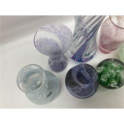 Six Caithness coloured glass vases, together with a glass paperweight with bubble inclusions, tallest vase H19cm