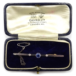  1920's sapphire and diamond bar brooch, 5.5cm in original Gieves box  