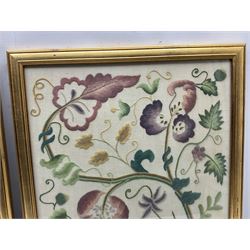 Two 1940's floral crewelwork embroideries, each within a gilt frame, H61cm, D56cm