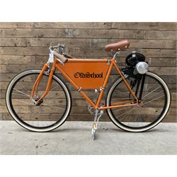 Fully restored vintage advertising bicycle with 2 stroke petrol engine orange frame tan leather seat Garden Home Commercial Assets